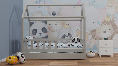 Łóżko domek szary z barierką Łóżko domek szary z barierką